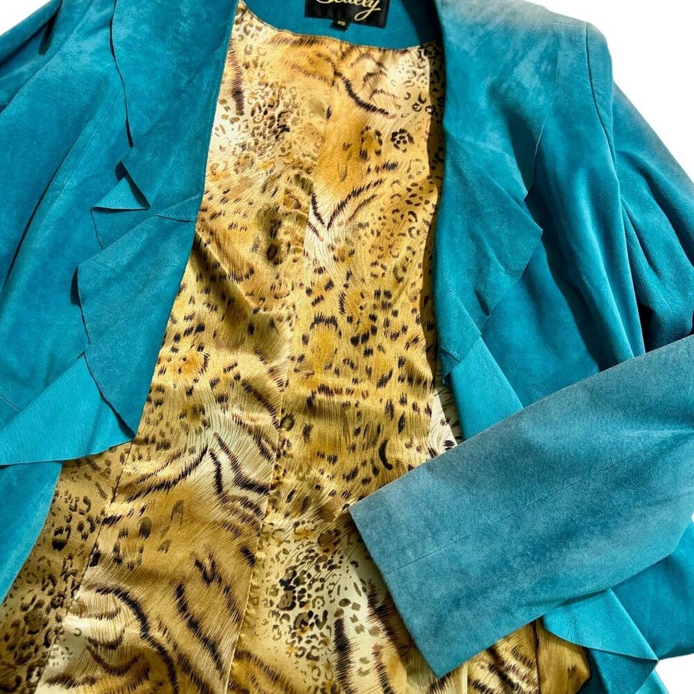 Vintage 90s Scully Turquoise Blue Ruffle Suede Leather Long Jacket size XS Tiger - Picture 6 of 9